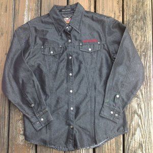 Harley Davidson Black Denim Jean Jacket L Button Down Shirt Red Embroider Eagle